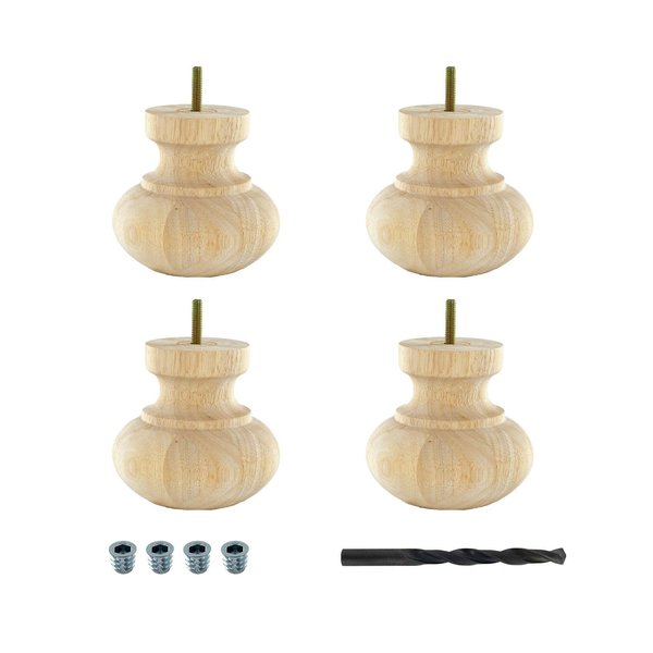 Architectural Products By Outwater 4 in x 4-7/8 in Unfinished Hardwood Round Bun Foot, 4 Pack w/ 4 Free Insert Nuts and Drill Bit 3P5.11.00018